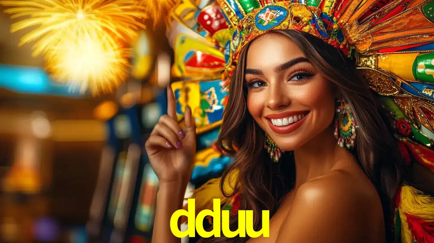 Mulher sorridente com um cocar de carnaval vibrante e colorido, celebrando uma grande vitória nos jogos do cassino dduu com fogos de artifício ao fundo.
