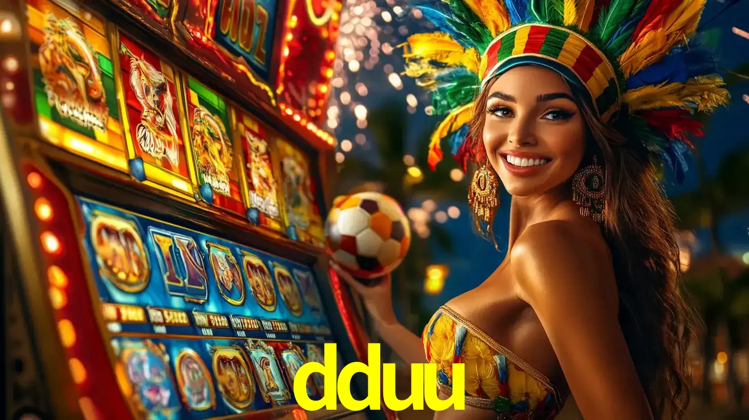 Mulher com um cocar de carnaval ao lado de uma máquina de caça-níqueis enquanto segura uma bola de futebol, mostrando a união da diversão de cassino e esportes no dduu.