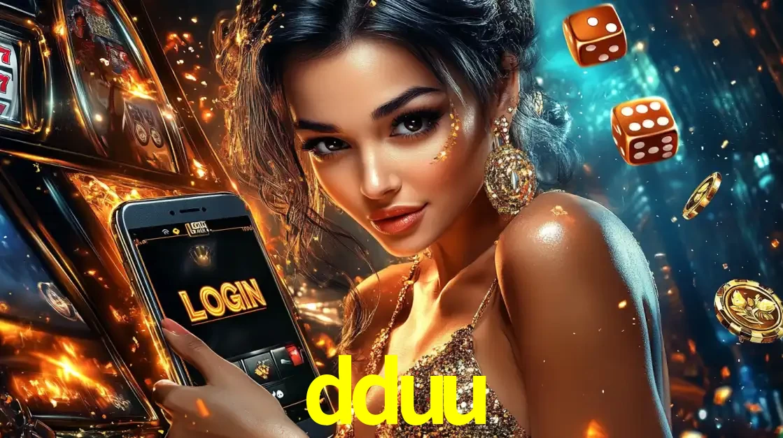 Mulher glamourosa segurando um celular com a tela de login do cassino dduu, rodeada por dados e moedas douradas, pronta para começar a diversão.