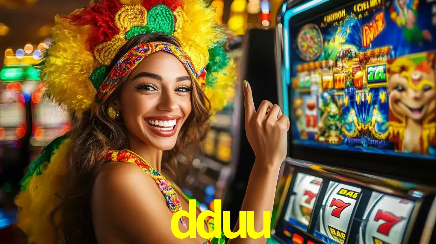 Mulher animada com um cocar de carnaval apontando para uma máquina de caça-níqueis, mostrando a emoção de ganhar um grande prêmio nos jogos do dduu.