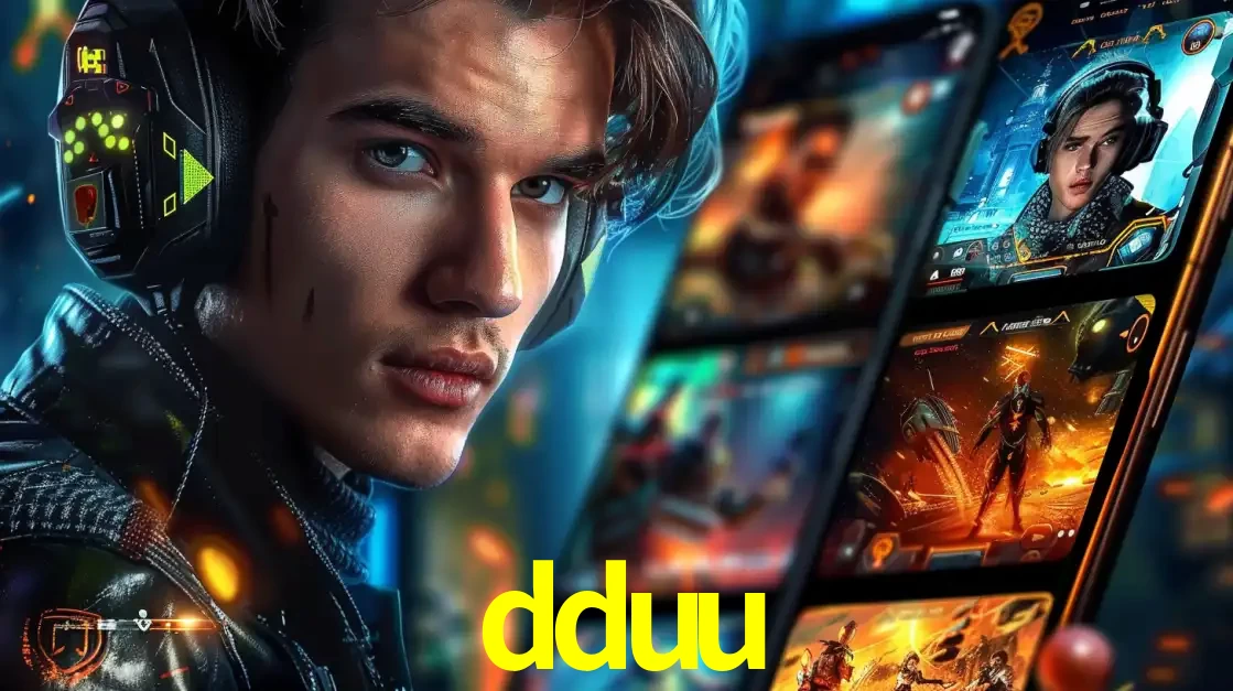 Jovem jogador com fones de ouvido olhando para a câmera, com um aplicativo de jogos e e-sports para celular ao fundo, pronto para a competição e apostas no dduu.
