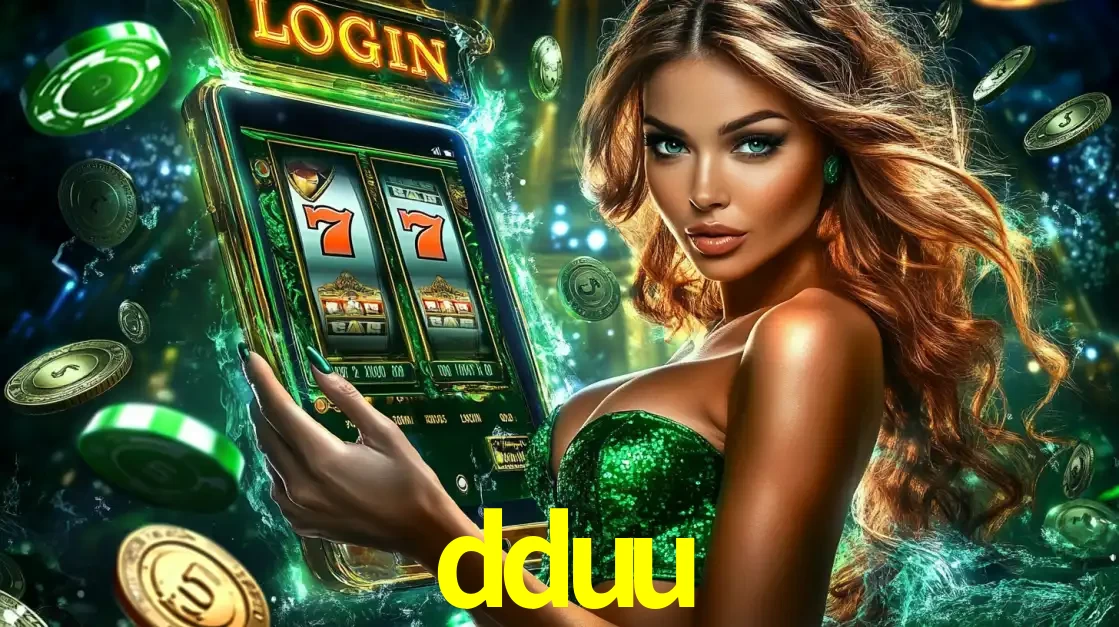 Mulher com tema verde apresentando o aplicativo do cassino dduu com um jogo de slot de 777, cercada por fichas de cassino e uma aura de sorte.