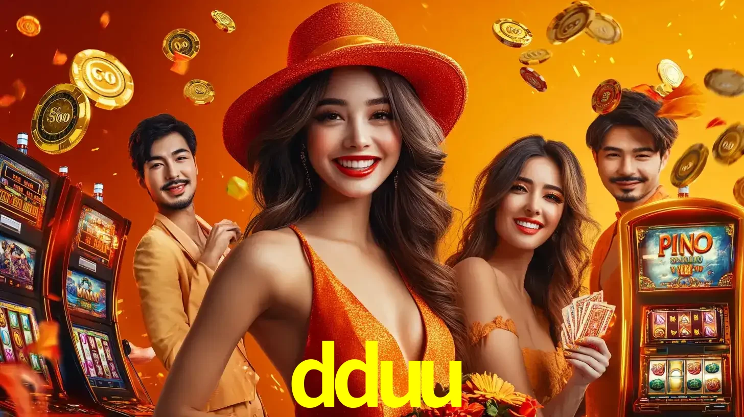 Grupo de amigos asiáticos sorrindo e se divertindo com máquinas de caça-níqueis em um ambiente festivo, celebrando suas vitórias nos jogos de cassino do dduu.