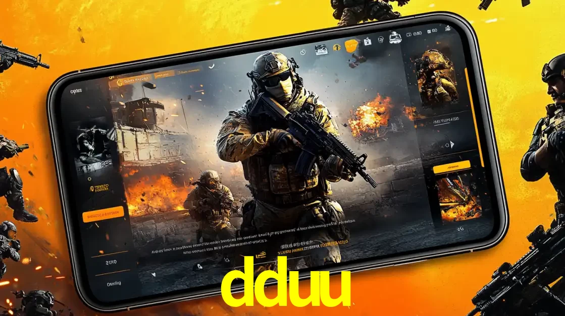 Um smartphone exibindo a interface de um jogo de tiro em primeira pessoa, com um soldado em um cenário de batalha, representando a ação dos e-sports para apostar no dduu.