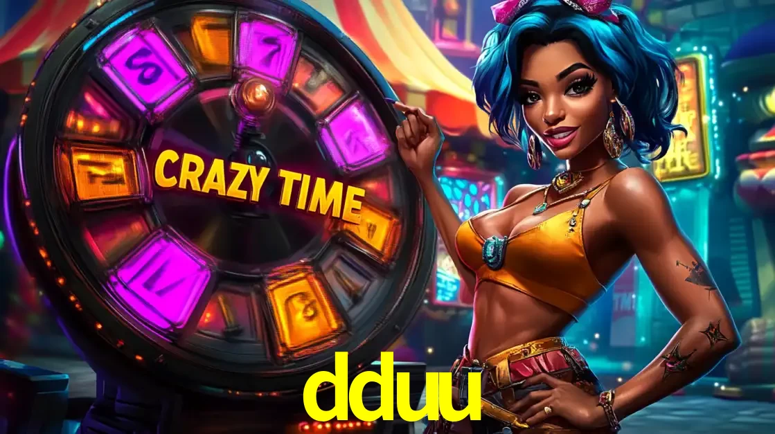 Mulher estilizada com cabelo azul e visual vibrante posando ao lado da roda de prêmios do game show Crazy Time, convidando para a diversão e os bônus do cassino dduu.