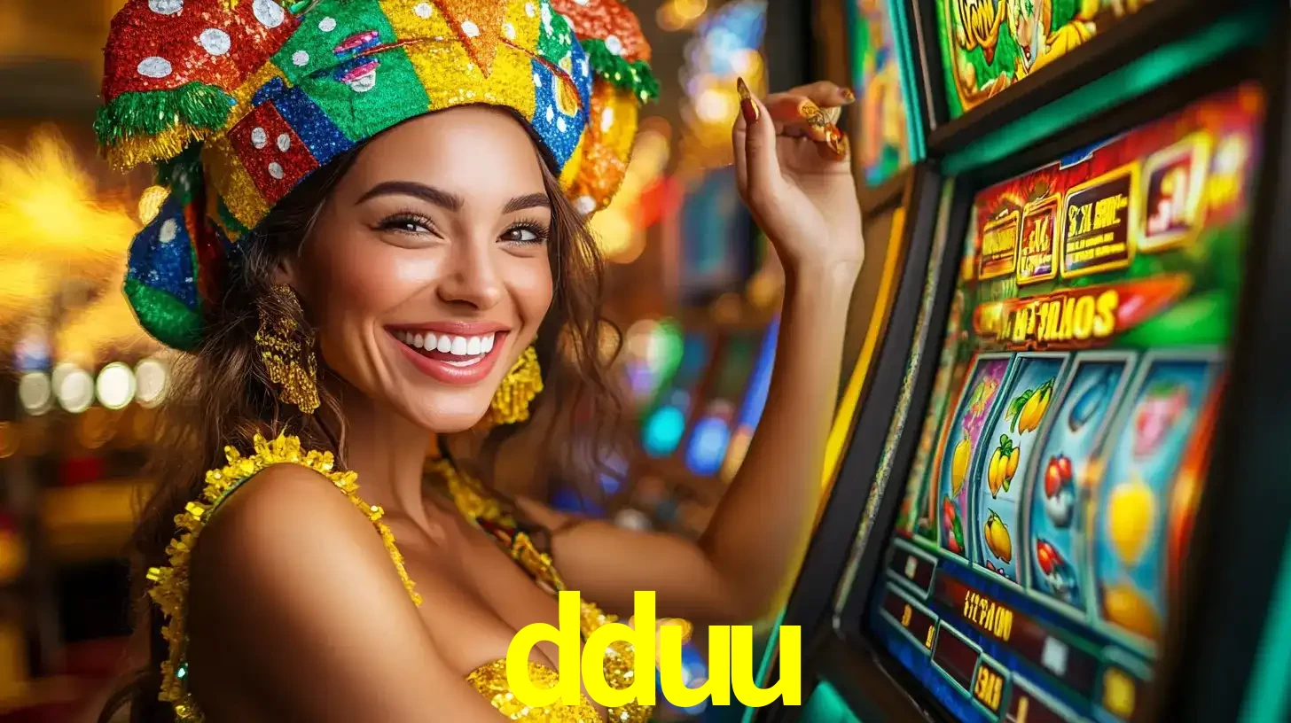 Mulher feliz com traje de carnaval amarelo e colorido ao lado de uma máquina de caça-níqueis, aproveitando a diversão e os jogos temáticos do cassino dduu.