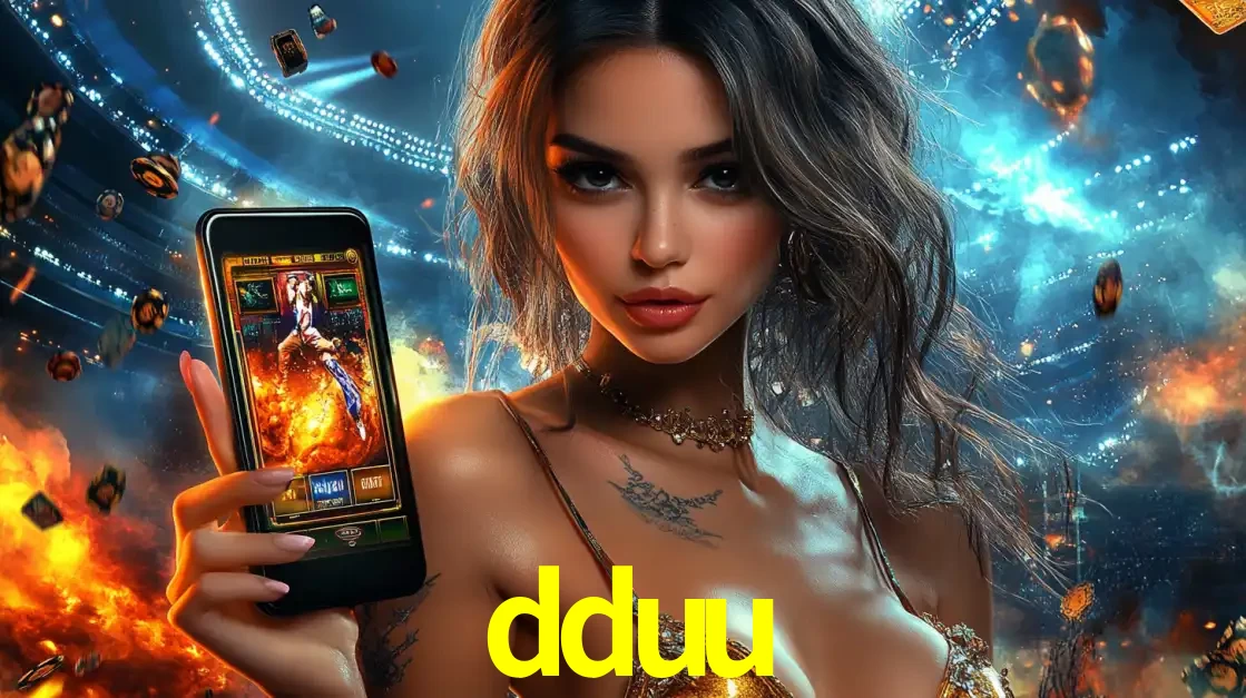 Mulher segurando um celular com um jogo de slot em destaque, tendo como fundo um estádio vibrante, simbolizando a emoção de jogar no cassino móvel dduu.