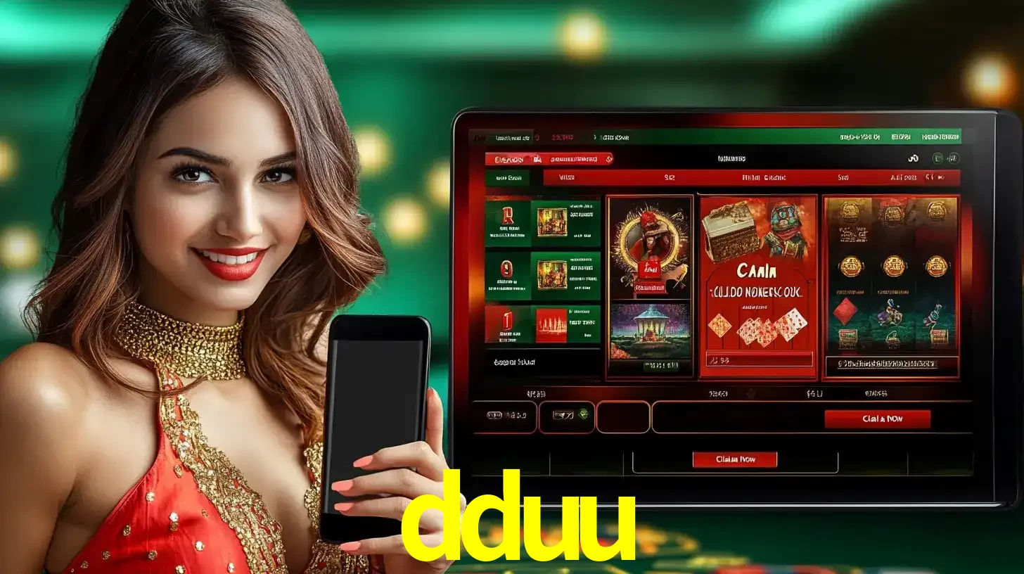 Mulher sorridente segurando um smartphone, ao lado de uma tela exibindo o lobby de jogos do cassino online dduu, com várias opções de jogos de cartas e slots.